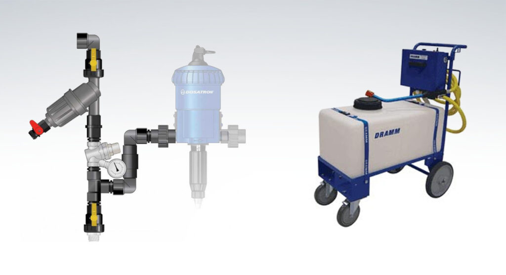 dramm watering cart and dosatron fertilizer injector for hydroponics and agriculture